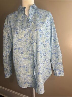 Gloria Vanderbilt Blue and Green Paisley Button-Down Shirt